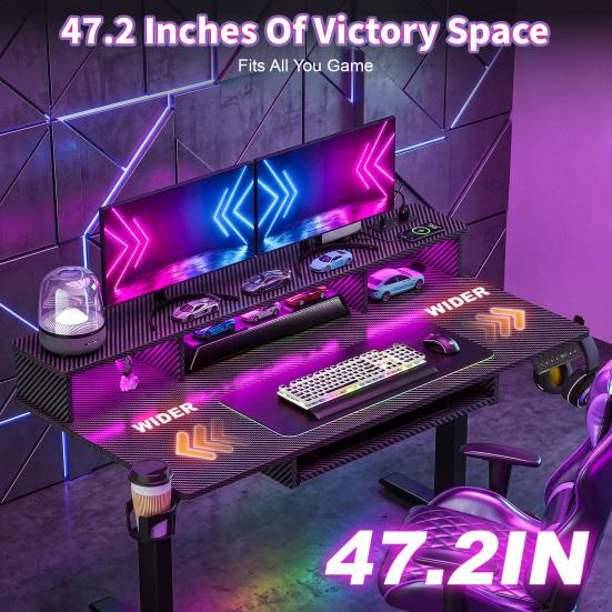 Stehschreibtisch Elektrischer Schreibtisch 48" x 24" Höhenverstellbar Gaming mit Steckdosen & LED-Leuchten Ergonomischer Sit-Stand-Auf-Ab Computer Tisch