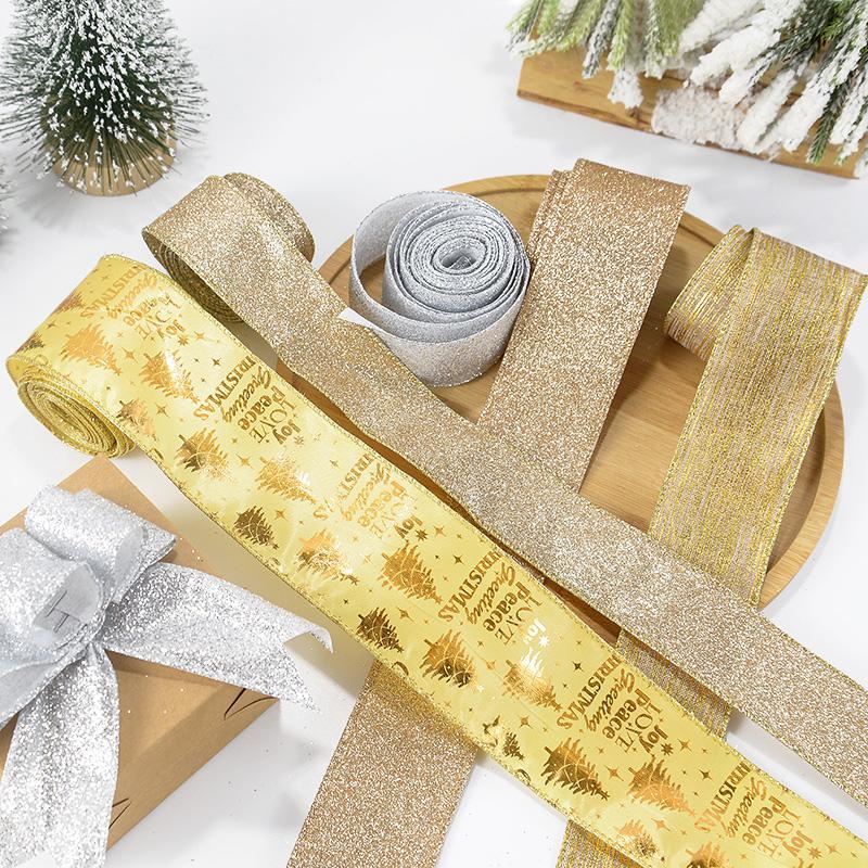 2M Christmas Ribbon Gold Silver Polyester Gliter Ribbon DIY Xmas Tree Bow Ornaments Kids Gifts Packaging Navidad Home Decoration