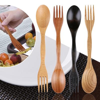 New Dinner Tableware 2 In 1 Natural Wood Spoon Fork Dual Head