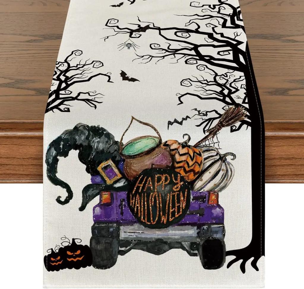 Linen Halloween Table Runner Pumpkin Spider Web Skull Dining Table Decoration Scary Table Cover For Halloween Dinner Party Decor