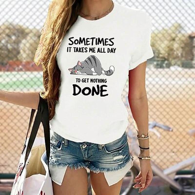 Dámské tričko Tričko Černobílé Růžové Kočičí potisk Krátký rukáv Denní Svátek Basic Kulatý výstřih Regular Fit Cat