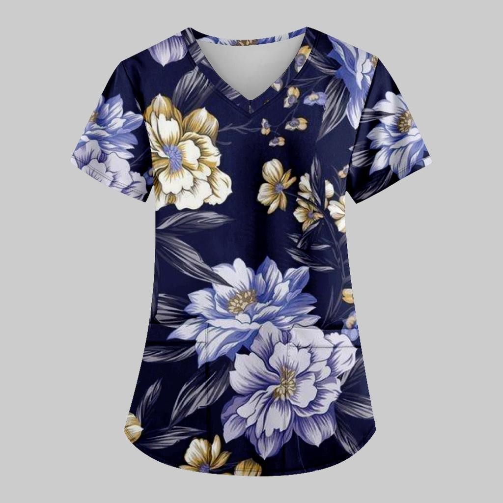 Modische bedruckte Damen-Arbeitsuniform mit Taschen-T-Shirt, kurzärmeliges Oberteil