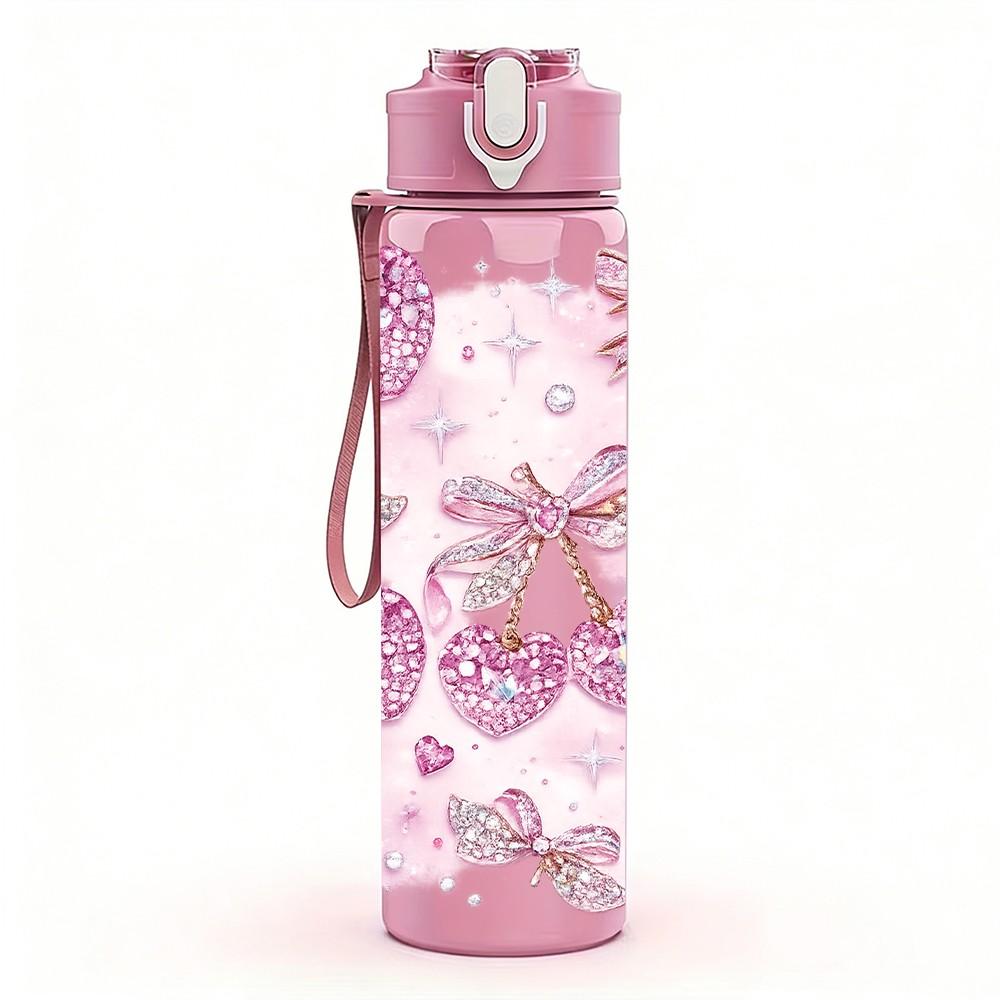 1PC Pink Bow Butterfly Decoration Print 750ml Color Plastic Sports Water Bottle Leakproof Flip Straw Lid Suitable for Sports Office Home Use