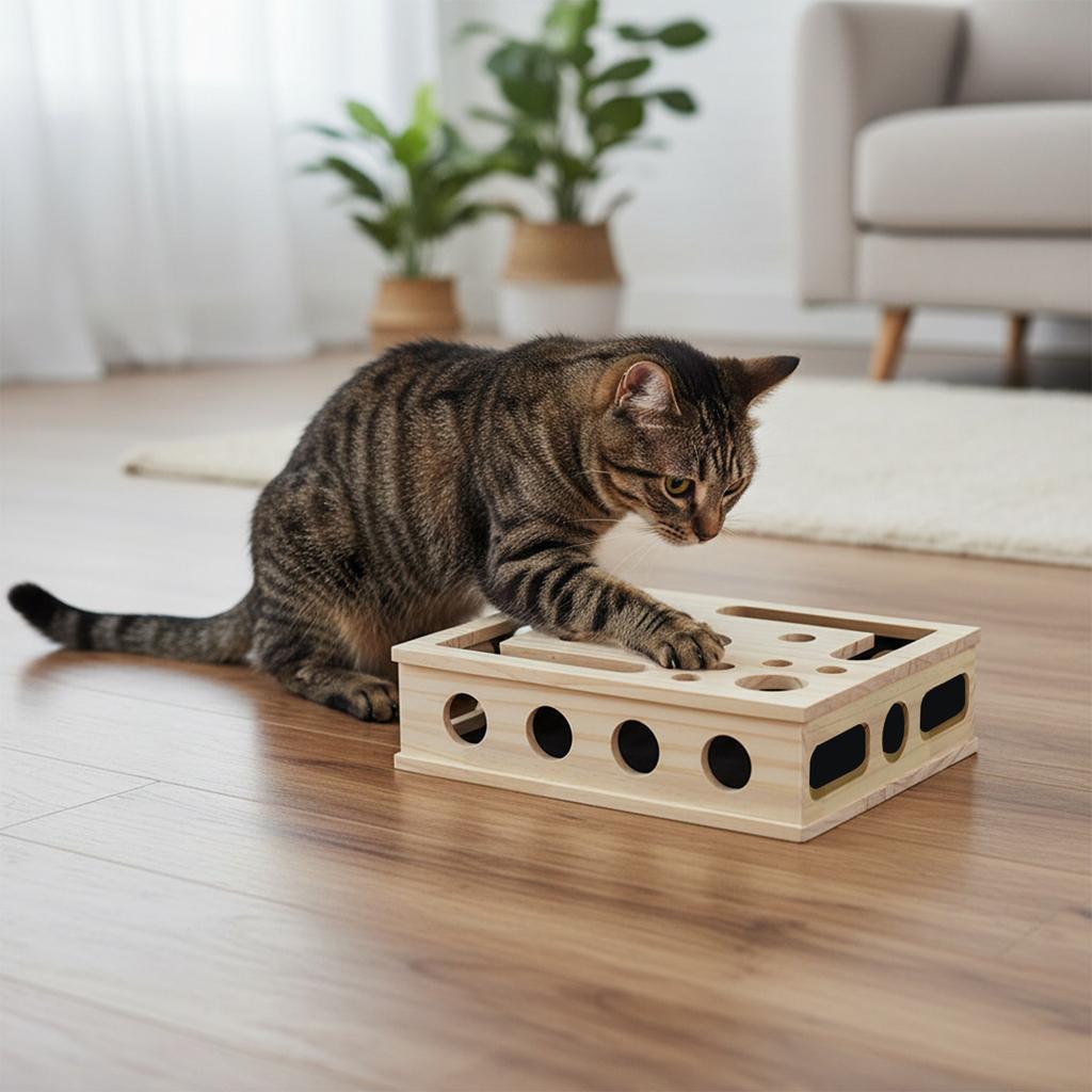 Interactive Wooden Cat Puzzle Toy with 3 Balls Tunnel Bell Ball Indoor Hunting Entertainment Play Toy for Kittens Training Box