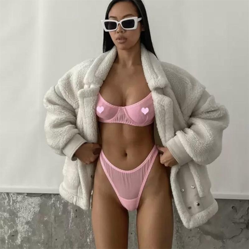 

Сетчатый прозрачный сексуальный соблазнительный эротический комплект нижнего белья из трех предметов для женщин XL розовый