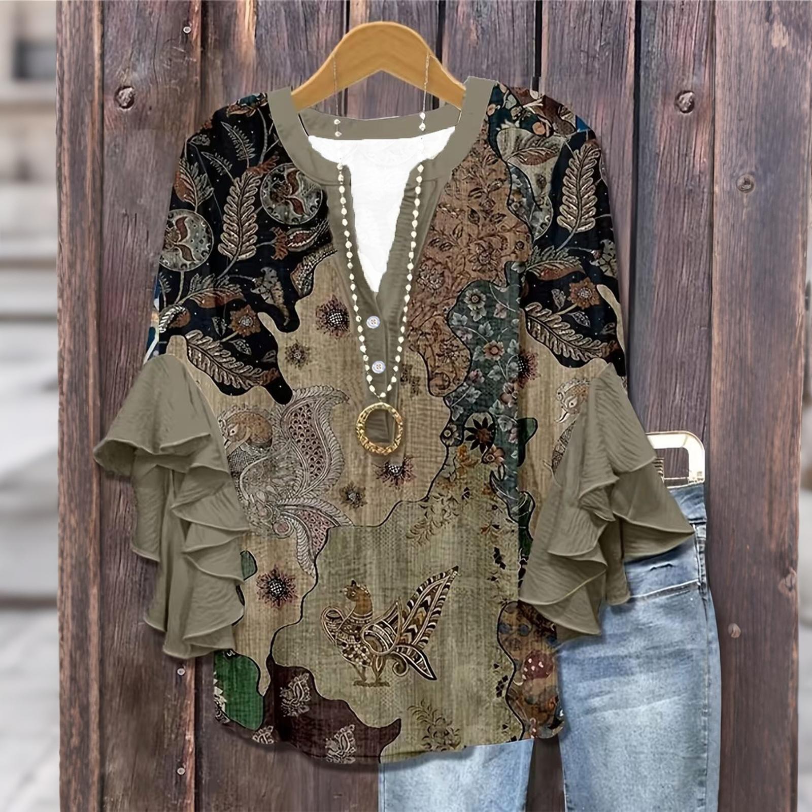 Women Casual Floral Print V Neck Lotus Edge Ruffle Sleeve Blouse Lightweight Loose Fit Top for Everyday Wear XL коричневый