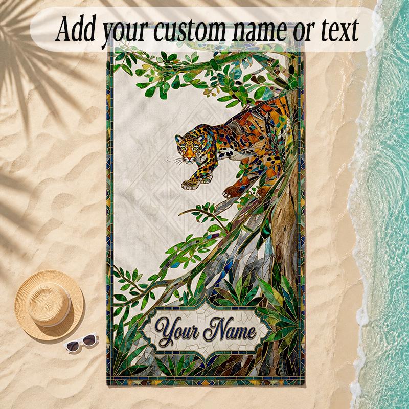 Leopard Theme Soft Beach Towel Personalized Custom Name Text Towel Portable for Beach Pool Travel