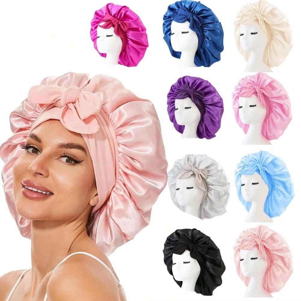 Solid Color Hair Care Cap Adjustable Strap Satin Sleep Bonnet Night Sleep Cap  For Women