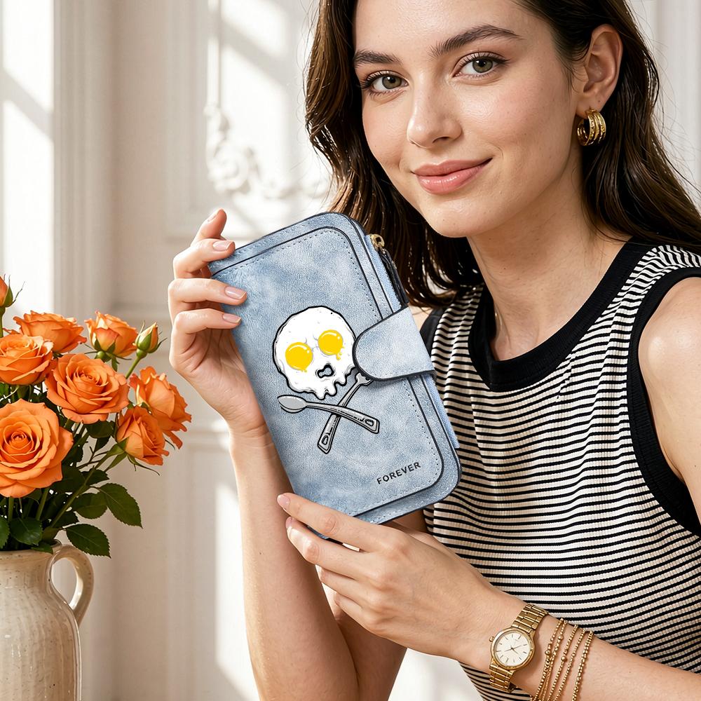 Cute Egg Skull Pattern Purse Fashion Women Casual Long Wallet Forever Style Portable Multi Slot Card Holder Daily Use Clutch