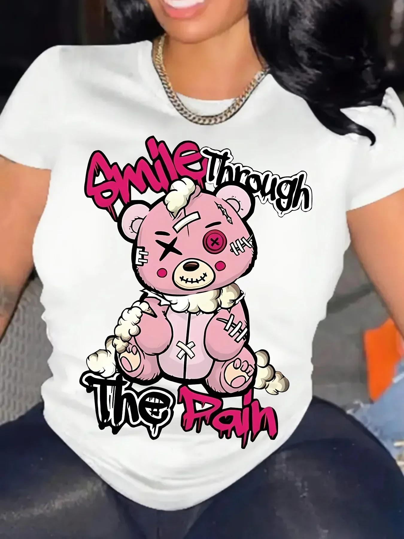 

Cute Bear Print Crew Neck T-Shirt Casual Short Sleeve T-Shirt for Spring & Summer Women s Clothing Aesthetic Clothes y2k top 4XL