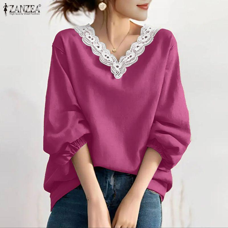 ZANZEA Women Lace Splice V-neck Casual Long Sleeve Blouse