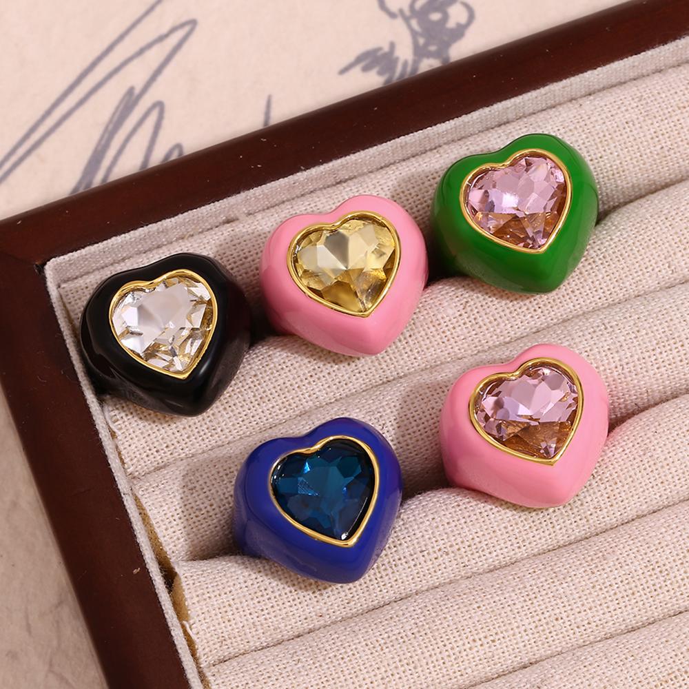MamacitaSlay Süß und Bunt Emaille Edelstahl Herz Strass Offener Ring Party Trend Wasserdichter Schmuck Damengeschenk