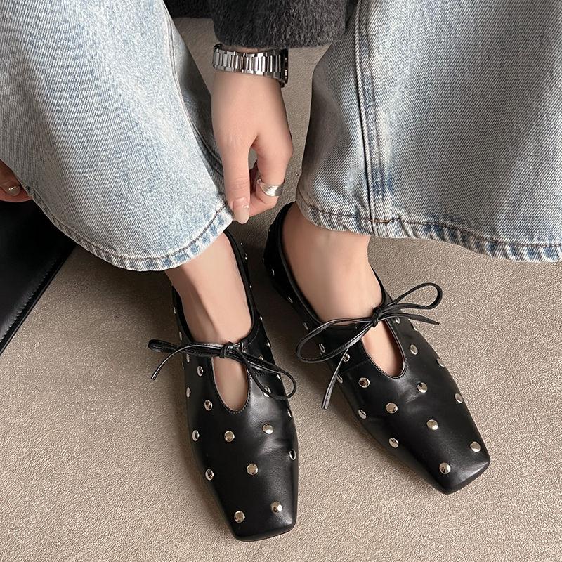 Fashion Size 34-40 Women Casual Loafers Genuine Leather Rivet Flats Shoes Thick Low Heels for Spring 2025 New Slip on Office Daily Dress