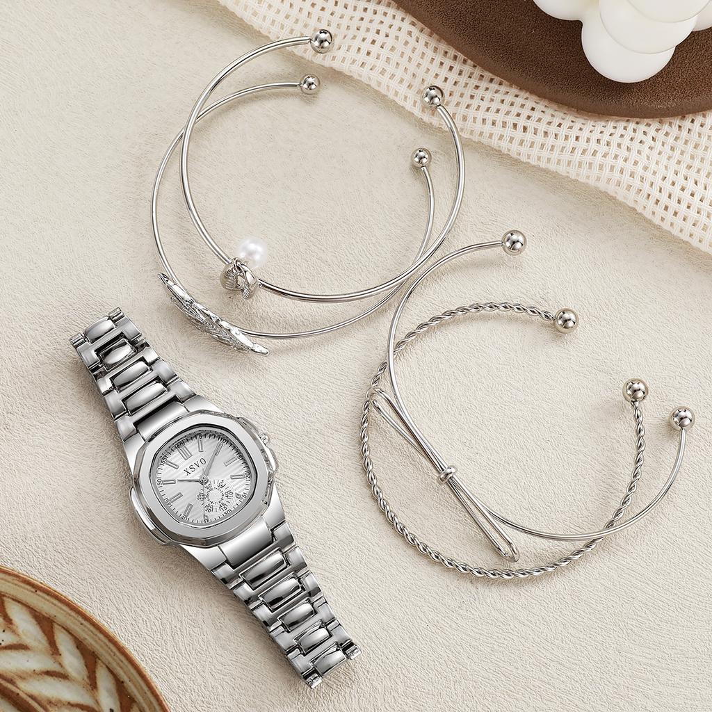 No Gift Box Classic Elegant Square Dial Calendar Wrist Quartz Watch   Pearl Bracelet 5 Piece Set