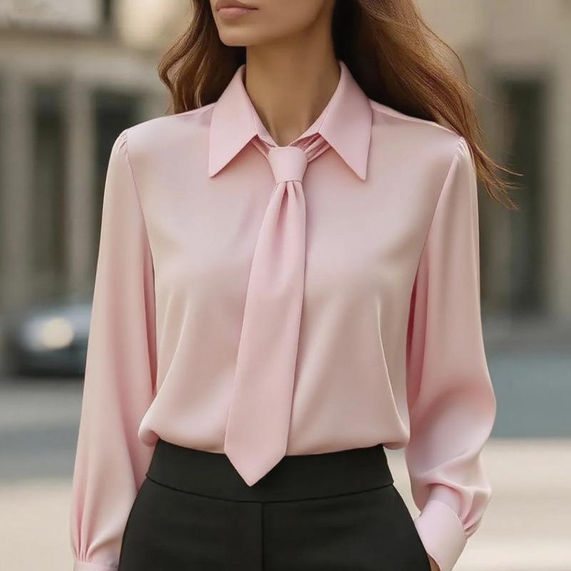 Spot 2025 New Autumn Solid Color Casual Tie Long-sleeved French Shirt Women's Shirt