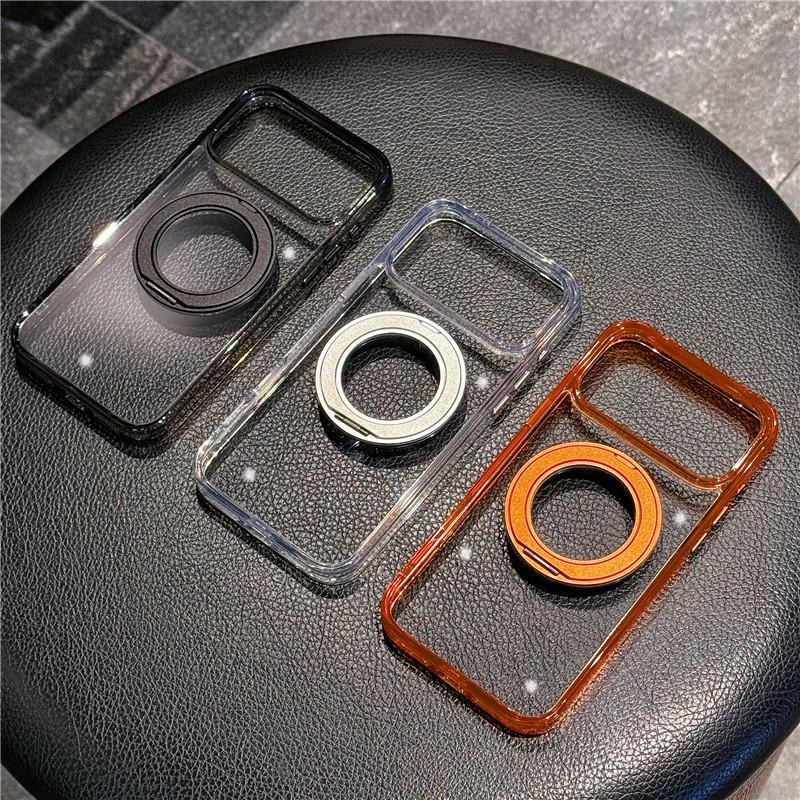 High Quality 360 Rotating Bracket Transparent Magnetic Back Cover for iPhone 17 Pro Max case Orange Kickstand Phone Holder