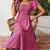 Women's Square Collar Waist Printed Bubble Sleeve Dress S-XXXL
