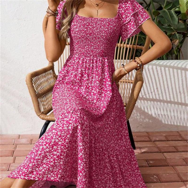 Women's Square Collar Waist Printed Bubble Sleeve Dress S-XXXL