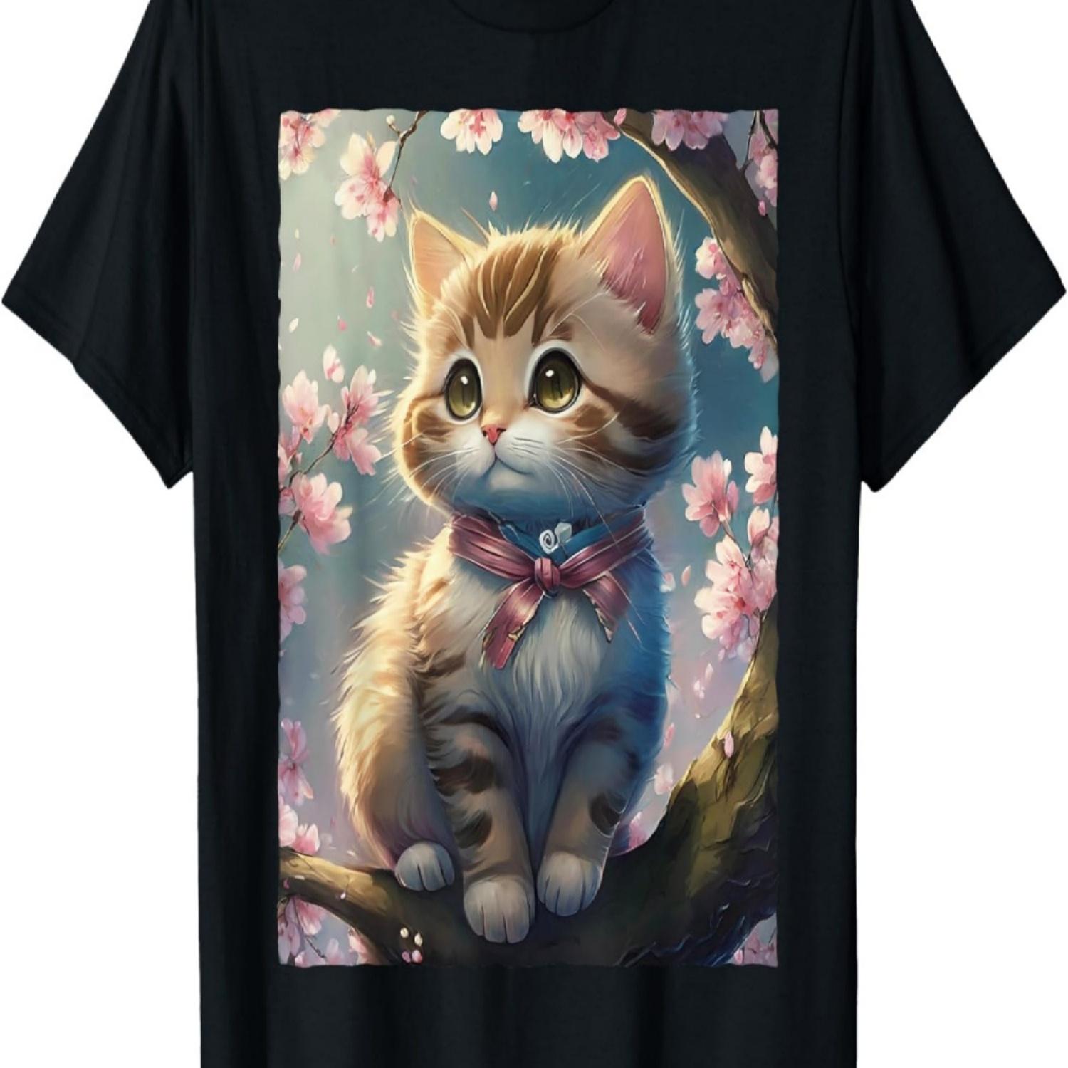 Cute Kawaii Cat with Cherry Blossom T-Shirt(6) S чёрный