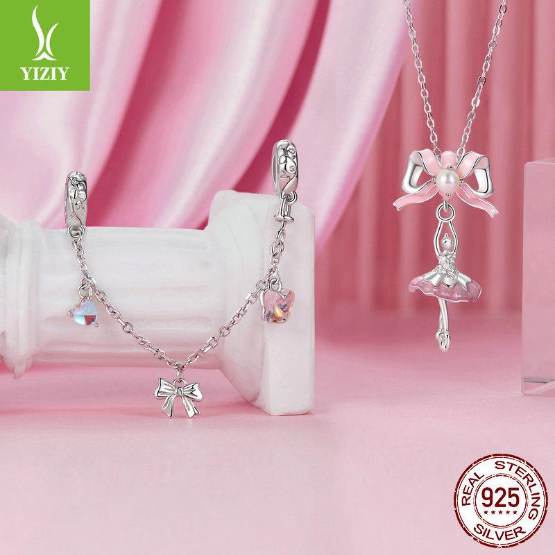 Pink Love Ballet Girl Diy Beaded Accessories Charm S925 Silver Sweet Bow Pendant