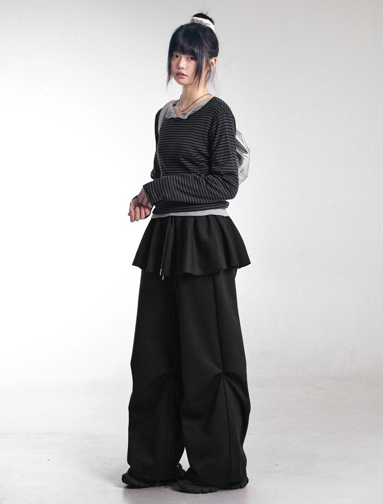 Lupeu Flare Elastic Waist Layered Skirt Skirt Pants Black