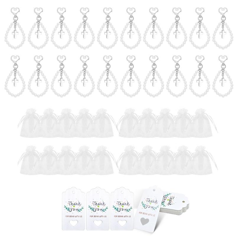 

Baptisms Favors Set Includes Crosses Beaded Bracelet Keychains Bags and Cards for Baby Showers and Christening Gifts белый