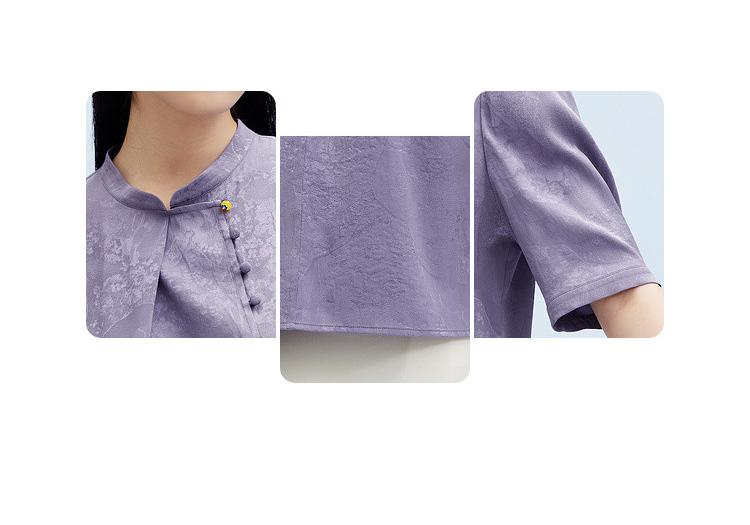 [Chinese Style Dark Pattern Jacquard] Spring and Summer Stand Up Collar Buckle New Chinese Heavyweight Mulberry Silk Short Sleeved Shirt for Women