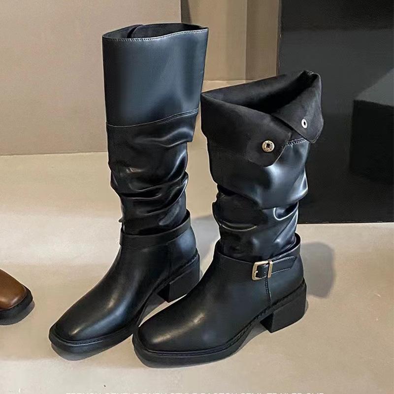 Cowhide version retro platform boots women's two wear belt buckle pile boots thick heel versatile tall western cowboy boots