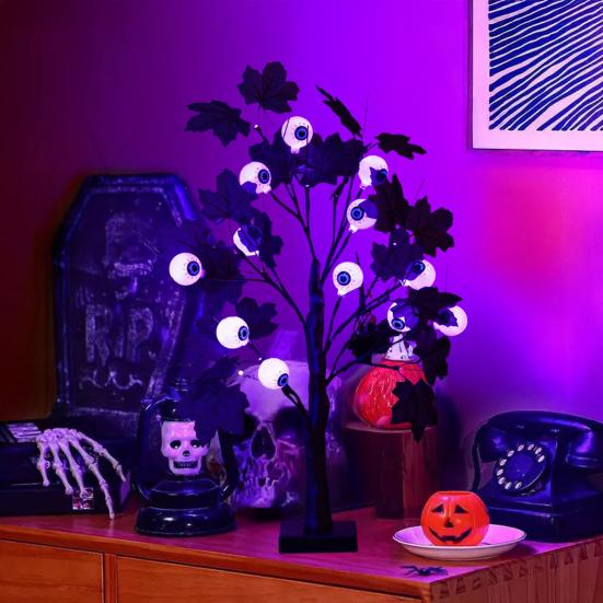 24 Inches Halloween Tree with Light LED Glowing Tree with Ghost/Pimpkin/Eyeball Light for Indoor Home Table Decor