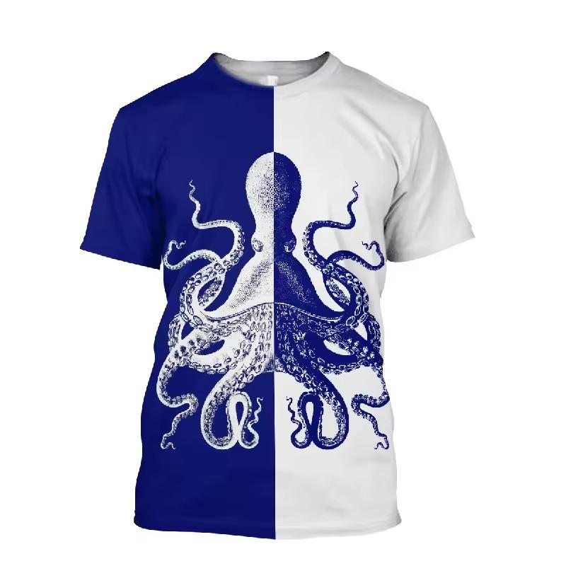 Men'S Summer 3d Printing Printed O-Collar Short Sleeve T-Shirt Ocean Octopus Art Personality Retro Plus Size Loose Top