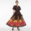 French Vintage Flower Maxi Dress Women Puff Sleeve V-Neck Elegant Floral Print High Waist Sashes A-Line Summer Beach Long Maxi Dresses