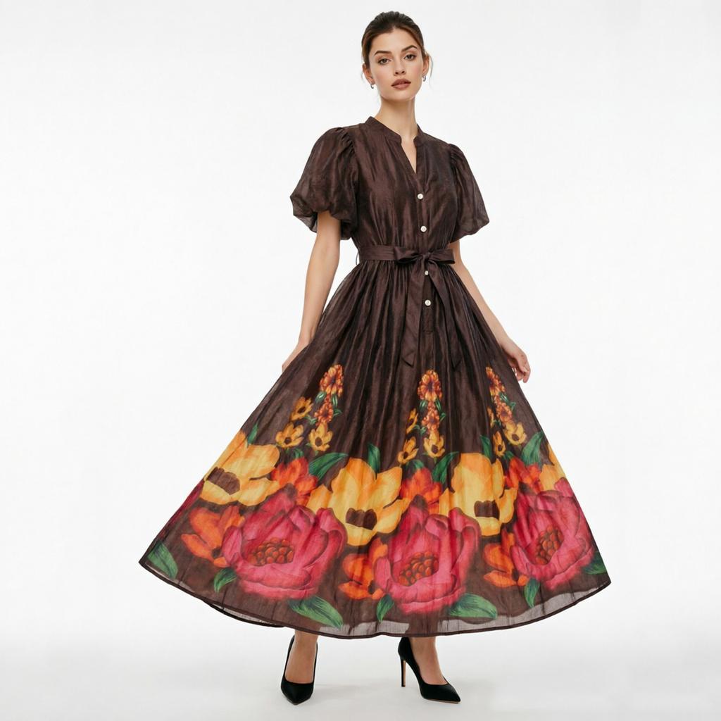 French Vintage Flower Maxi Dress Women Puff Sleeve V-Neck Elegant Floral Print High Waist Sashes A-Line Summer Beach Long Maxi Dresses