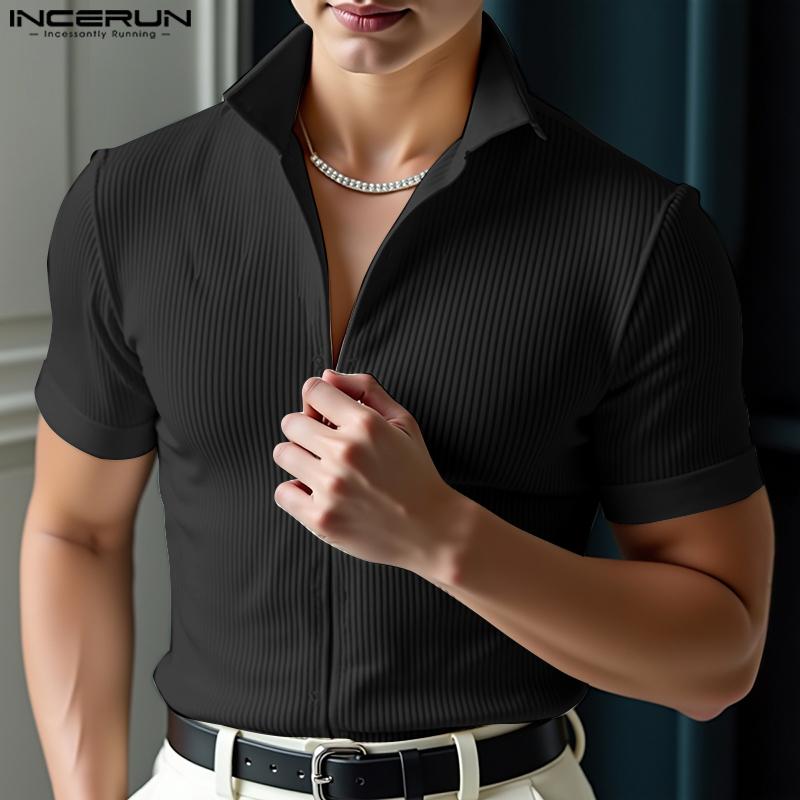 INCERUN T-shirts Tops Décontractés Ajustés à Manches Courtes et Col Revers pour Hommes