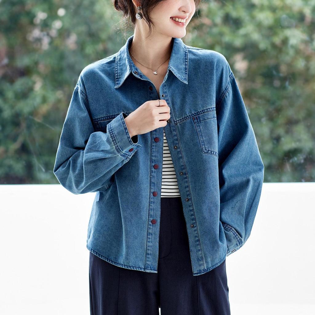 Retro Blue Washed Denim Women's Long Sleeve Shirt Jacket - Spring 2026 Fashion