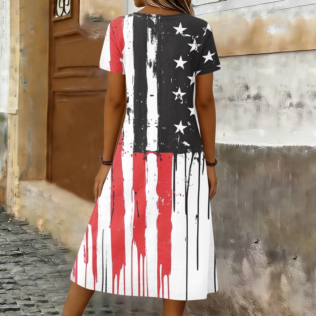 Damen Sommer Maxikleid mit kurzen Ärmeln, lockerem Schnitt, Stern- und Streifenprint, lässig, Rundhalsausschnitt, mit Taschen