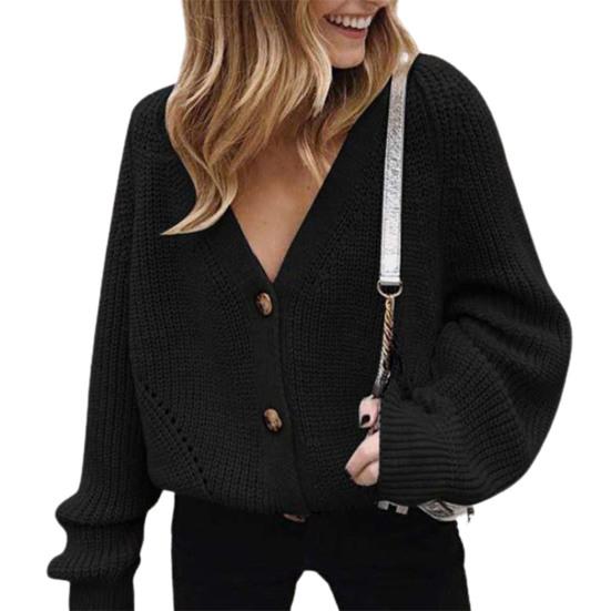 Cardigan Tricotado Cor Sólida Manga Longa Poliéster Abotoamento Simples Suéter Feminino para Outono