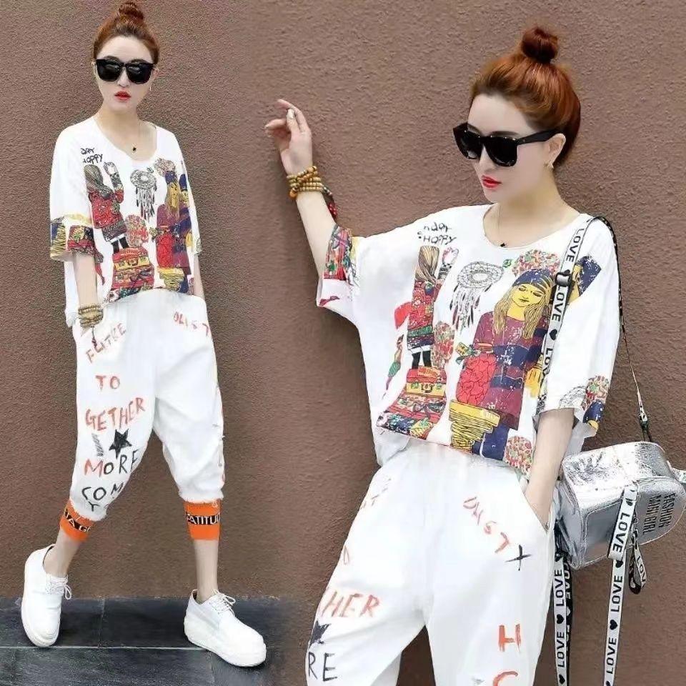 Women 2PC Summer Suit Big Yards T-shirt Pants Two-piece Comfortable Short-sleeved Top and Longs Pants Loose Casual Suit