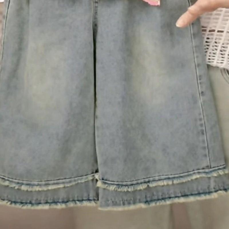 Trendy Girls Summer Two Piece Set Featuring Stylish Short Sleeve Rainbow Top And Chic Denim Wide Leg Pants StyleA,90