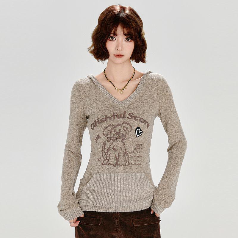 American Chic Slim-Fit Long-Sleeve Little Dog Hoodie for Women - Early Autumn Design