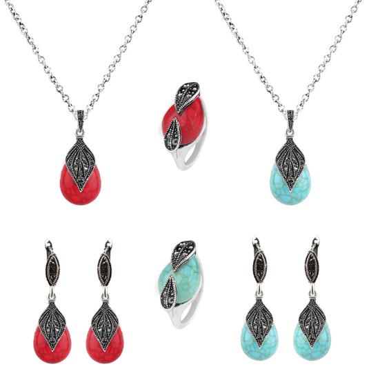 Vintage Leaf Faux Turquoise Pendant Necklace Ring Leaverback Earring Jewelry Set