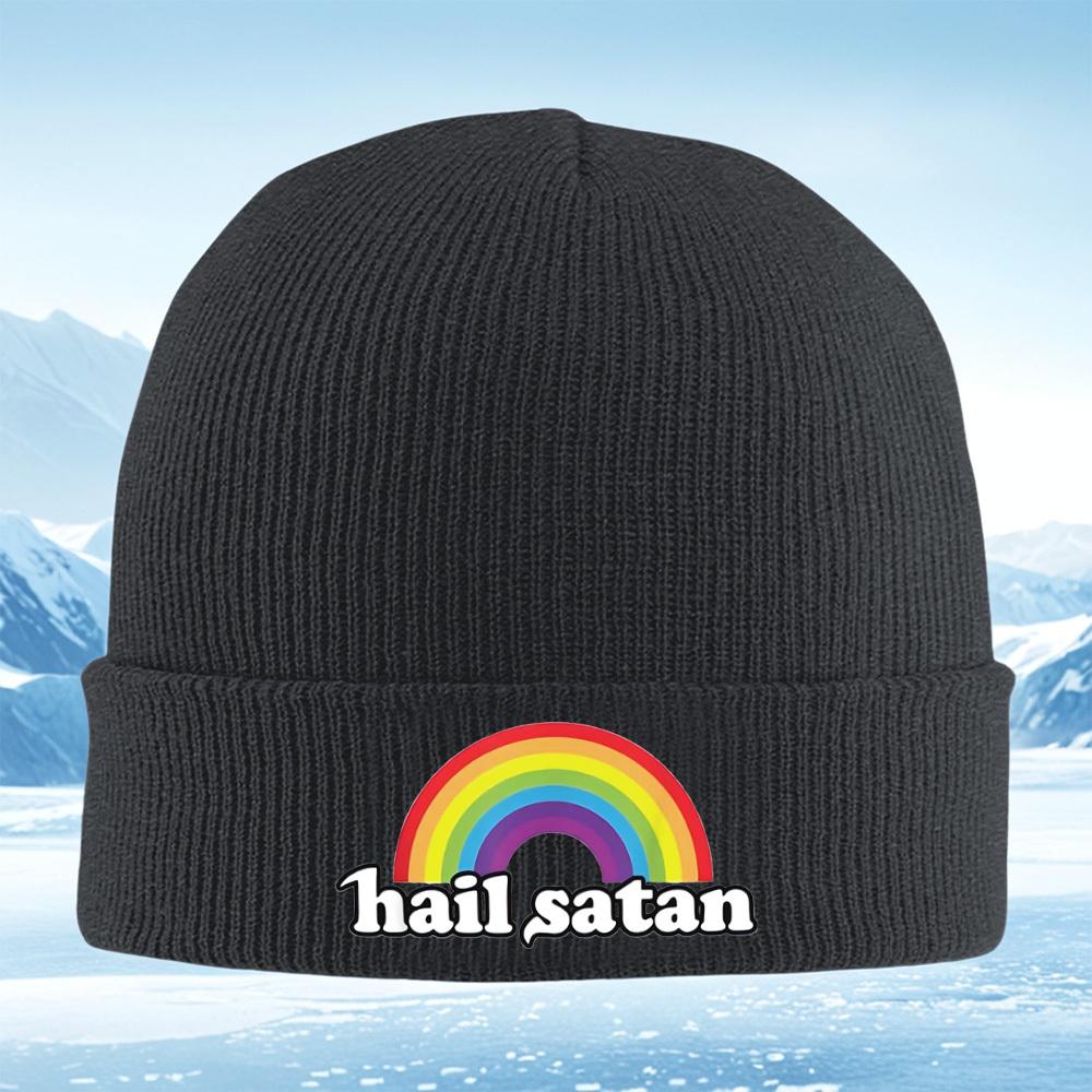 Rainbow over bold hail satan text Men Women Unisex Knitted Hat Beanie Pullover Cap Winter Thermal Warm Christmas Outdoor Cycli