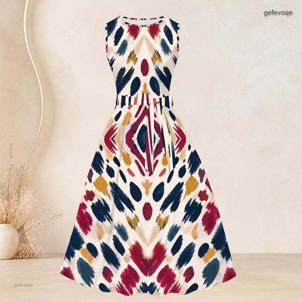 Women Plus Size Printed Two Piece Set Round Neck Sleeveless Tie Waist Flared Dress Three Quarter Sleeve Open Cardigan