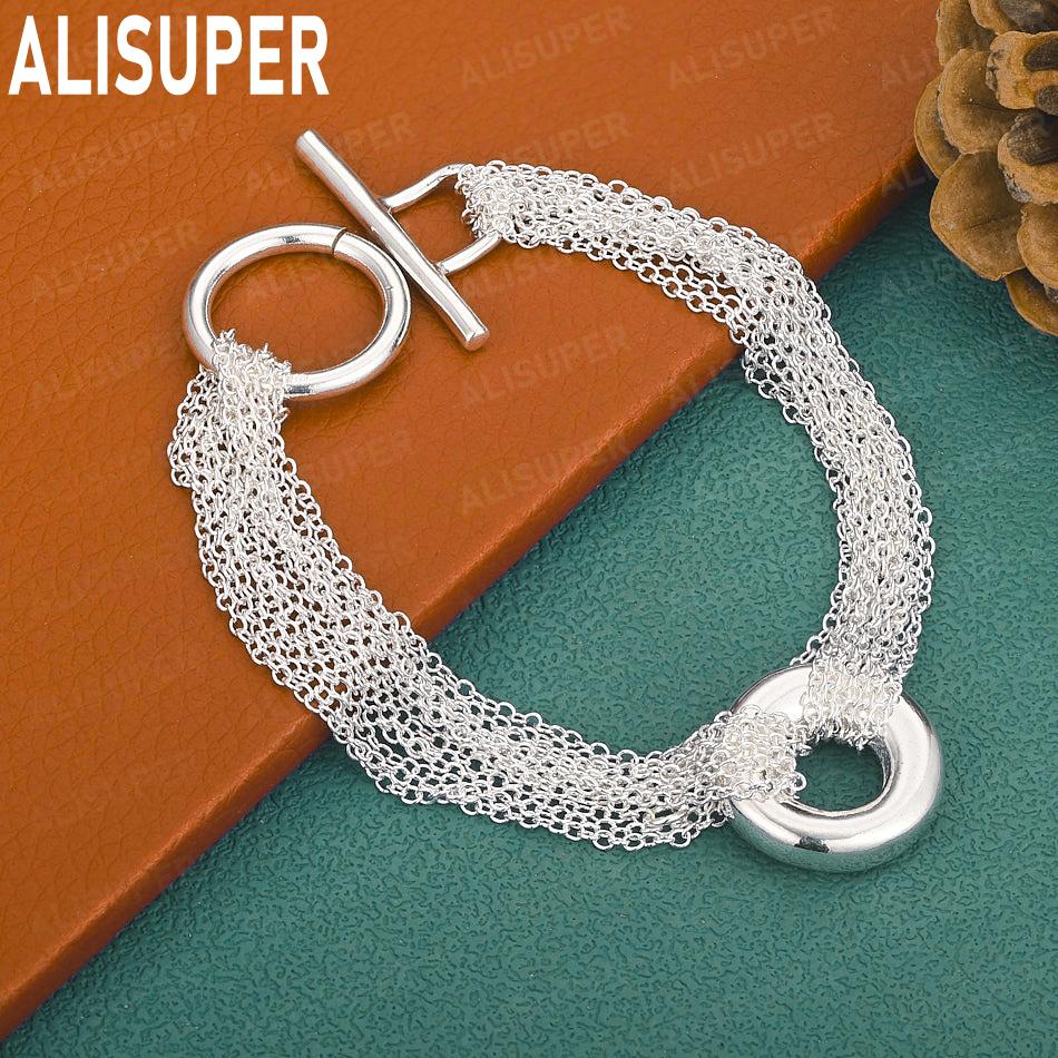 925 Sterling Silver Tassel Round Ring Side Chain Beautiful Bracelet Gift Jewelry 20CM