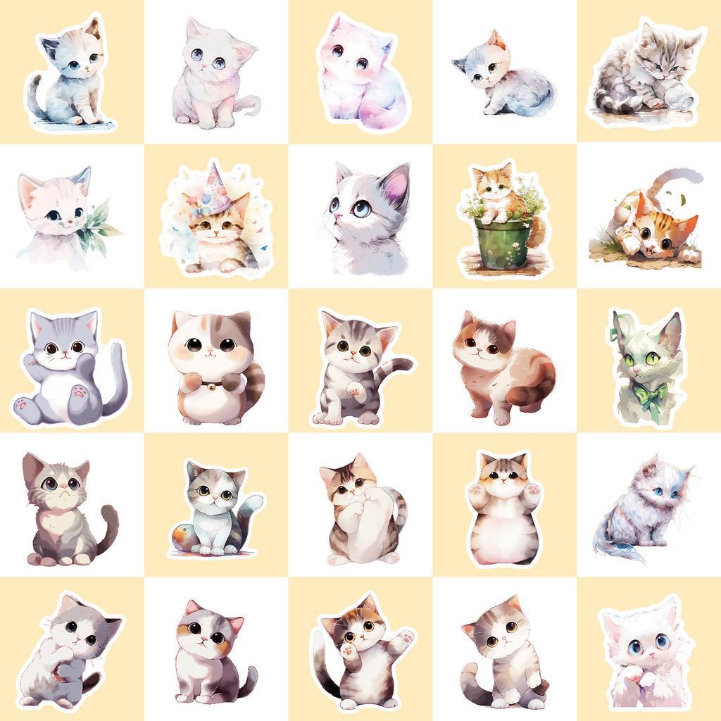 50 Plant Watercolor Cat Graffiti Stickers Creative Cute Ink Cat Hand Account Stickers