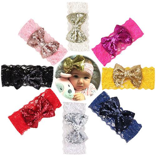 Barn Baby Girl Paljett Spets Bowknot Hårband Blinkande Turban Pannband Pannband