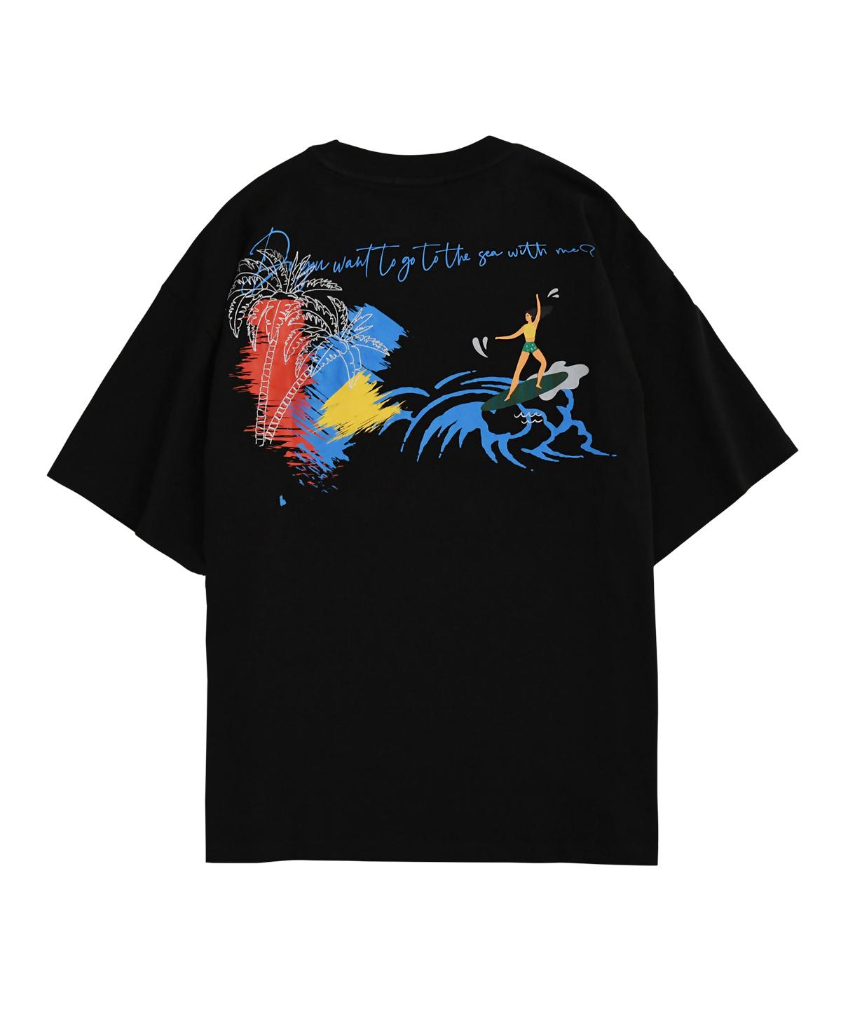 Emotion Planet Palm Tree Surfer T-Shirt (Black) Black/M(95)