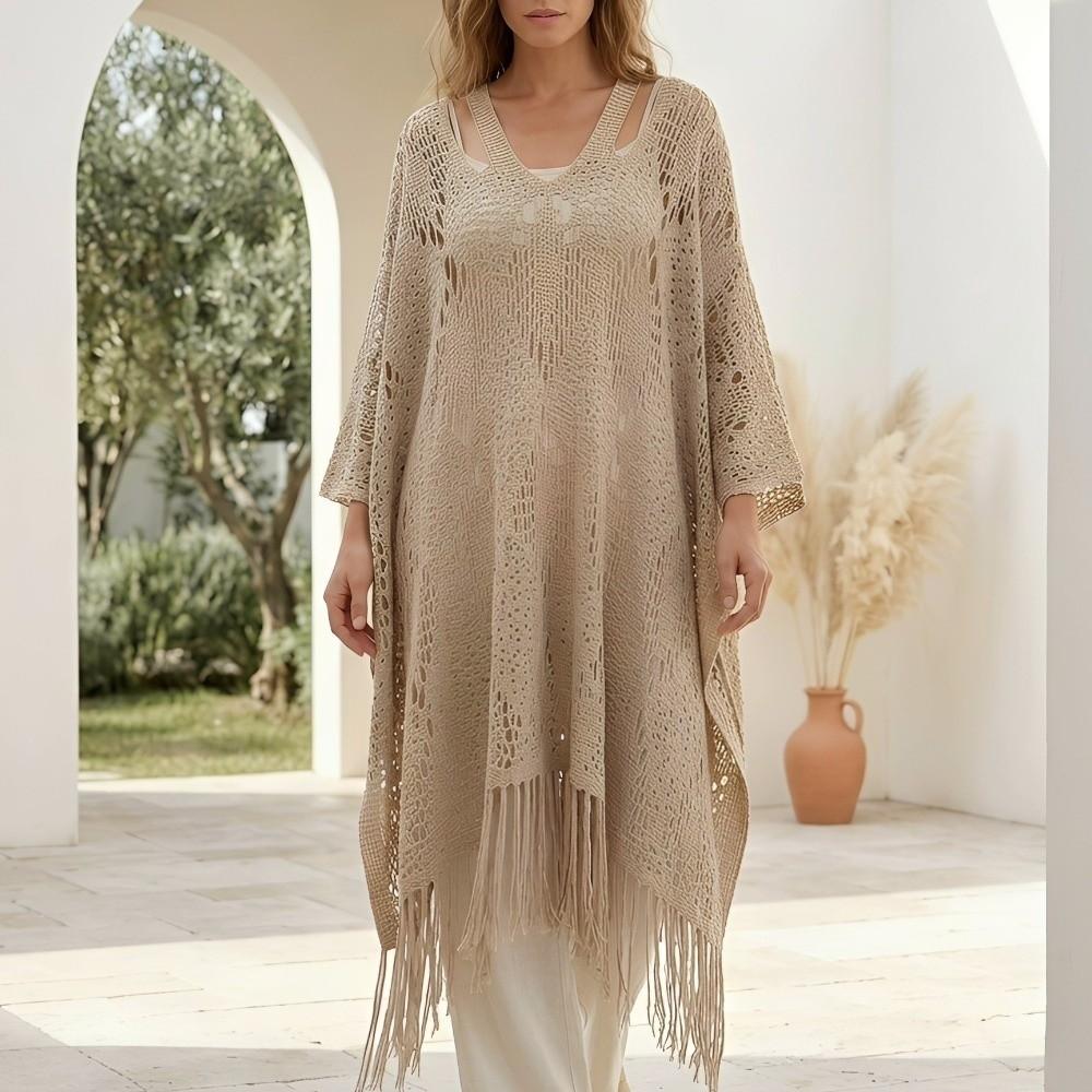 Tassels Bohemian Shawl Plus Size Crochet Top Women Casual Knit Hollow Out Top Streetwear