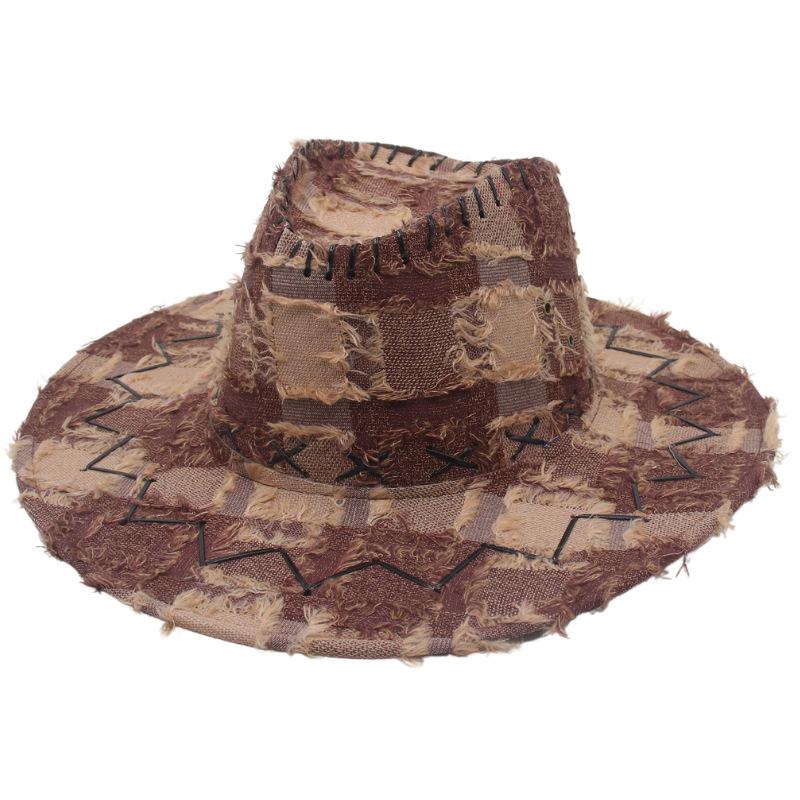 Rag Retro Western Cowboy Hat Jazz Top Hat Checkered Pattern Handsome Wear With Windbreak Rope