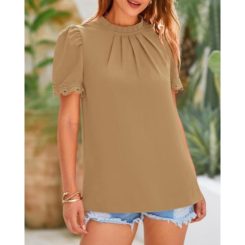 YYFS Damenmode, lässig, Sommer, Frühling, einfarbig, bedruckt, kurzärmelig, O-Ausschnitt, Blusen und Hemden