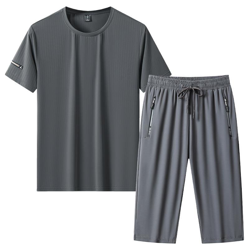 Large Size Sports Suit Men's Short Sleeved Two-piece Set Men's Running and Fitness Clothes Summer Loose Thin Ice Silk Sportswear